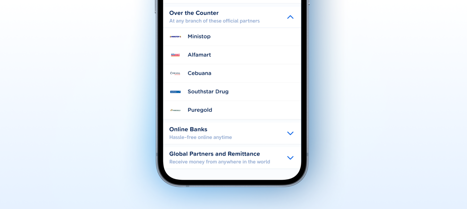 Accordion component shown in a GCash Cash In screen with Over the Counter expanded showing partner list, Online Banks and Global Partners collapsed