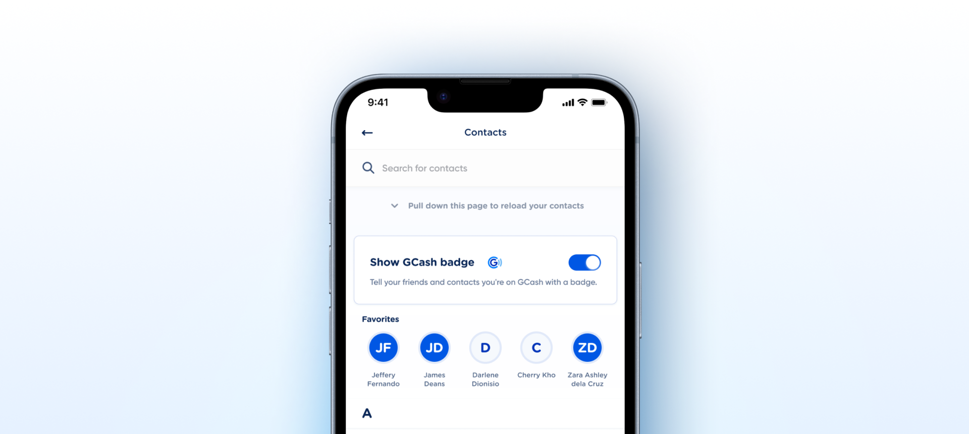 Avatar component shown in the GCash Contacts screen with a Favorites row of circular initials avatars (JF, JD, D, C, ZD)
